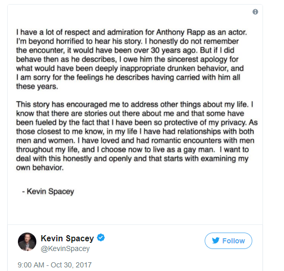 Kevin Spacey Anthony Rapp Sexual Allegation Response
