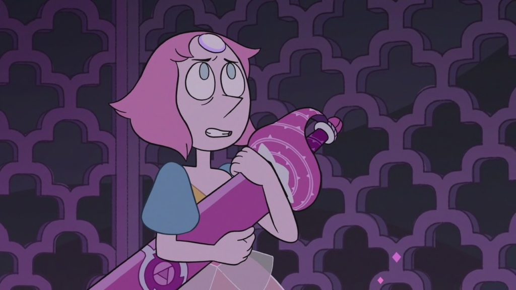 a single pale rose pearl holding rose's sword