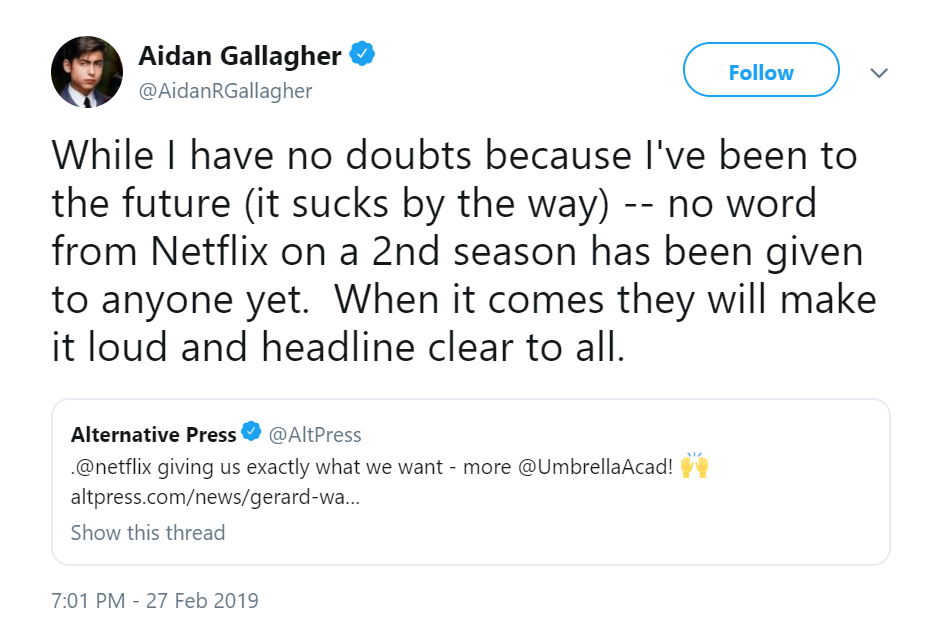 Aidan Gallaghar Tweet Umbrella Academy Season 2 Netflix