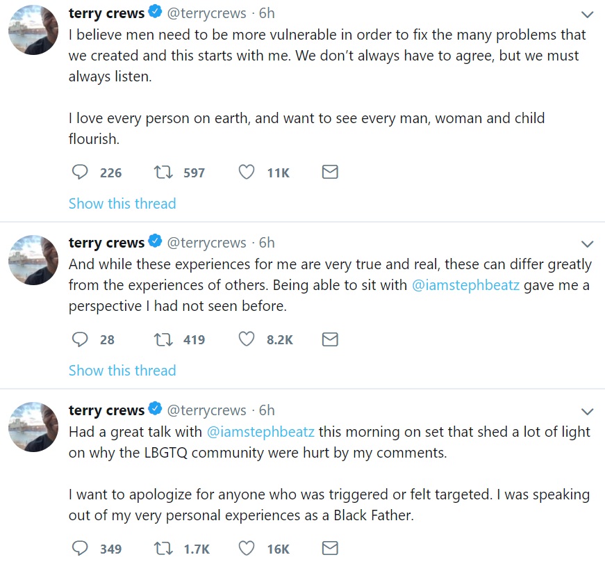 Terry Crews apology for LGBTQIA+ parenting