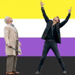 Crowley and Aziraphale with a nonbinary flag background