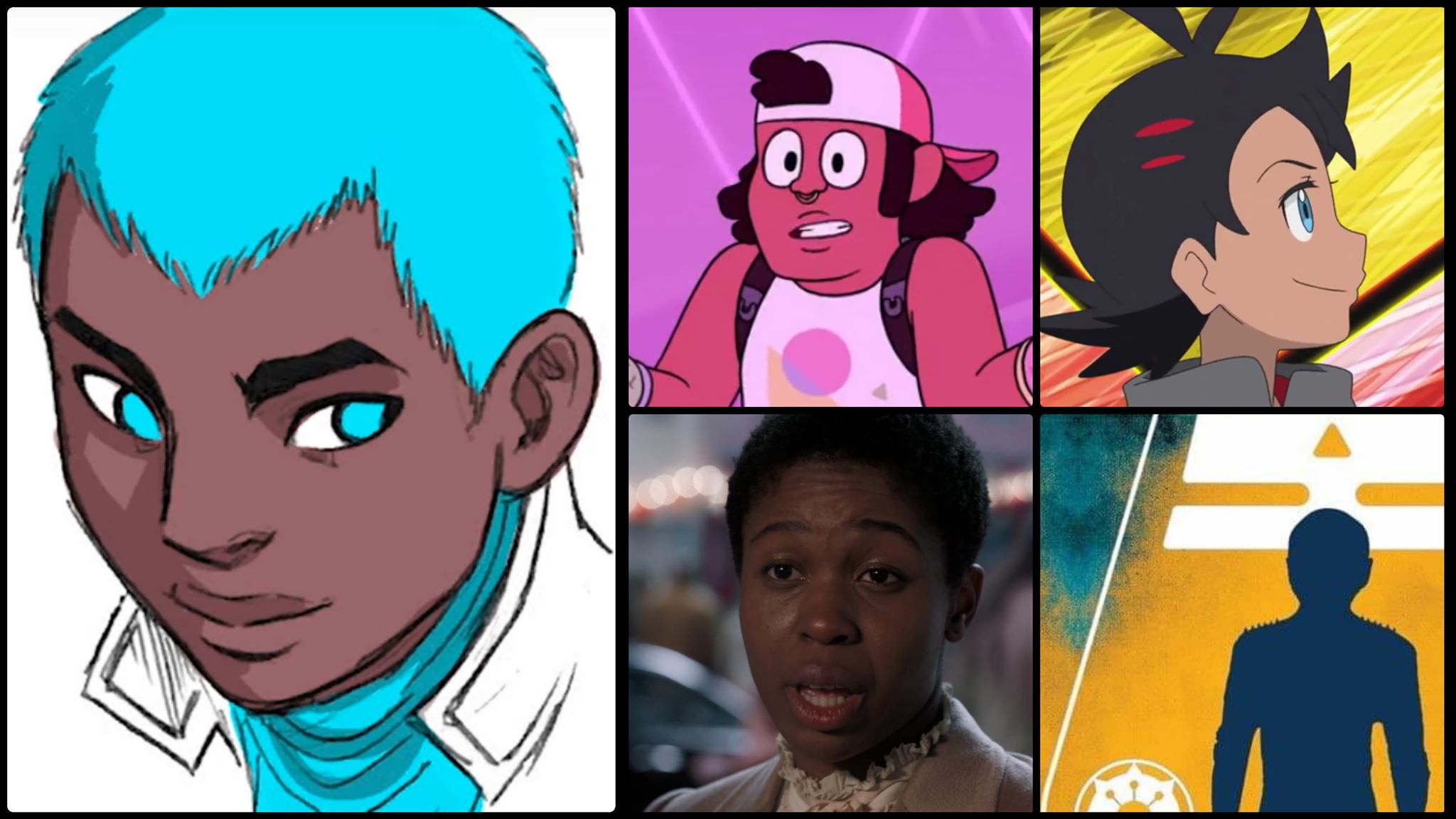 Marvel's regrettably-named nonbinary character, Snowflake is depicted in a sketch on the left. They have dark skin and short blue hair. Their eyes are turned to the right as if they're looking at the four characters we're recommending instead.
