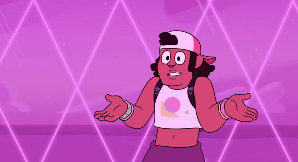 Shep is a human with dark skin and a crop top. There's a pink crystalline dome in the background, and they're advising Steven how to lift it.
