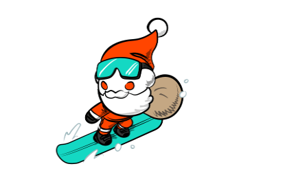 The reddit alien mascot is wearing a santa suit and snowboarding down a hill, carrying a sack of gifts