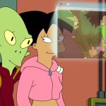 The alien Kif and Amy watch a video of Kif giving birth.