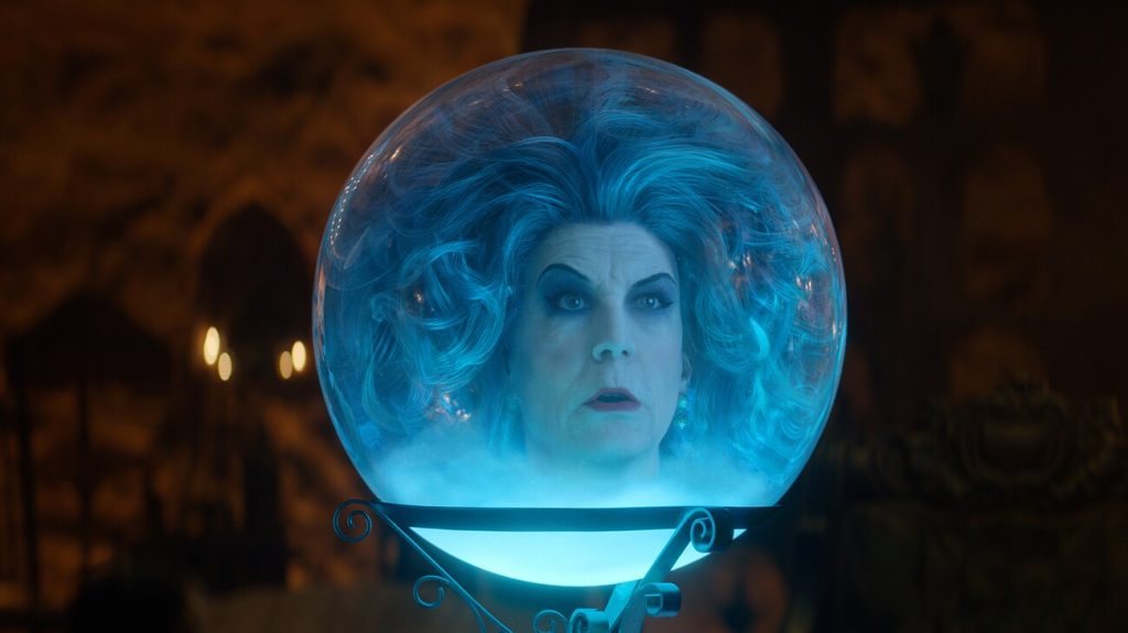 Jamie Lee Curtis' head in a crystal ball. 