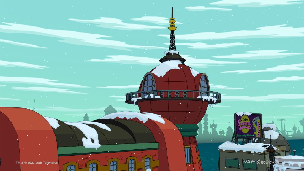 The Planet Express building, covered in snow. 