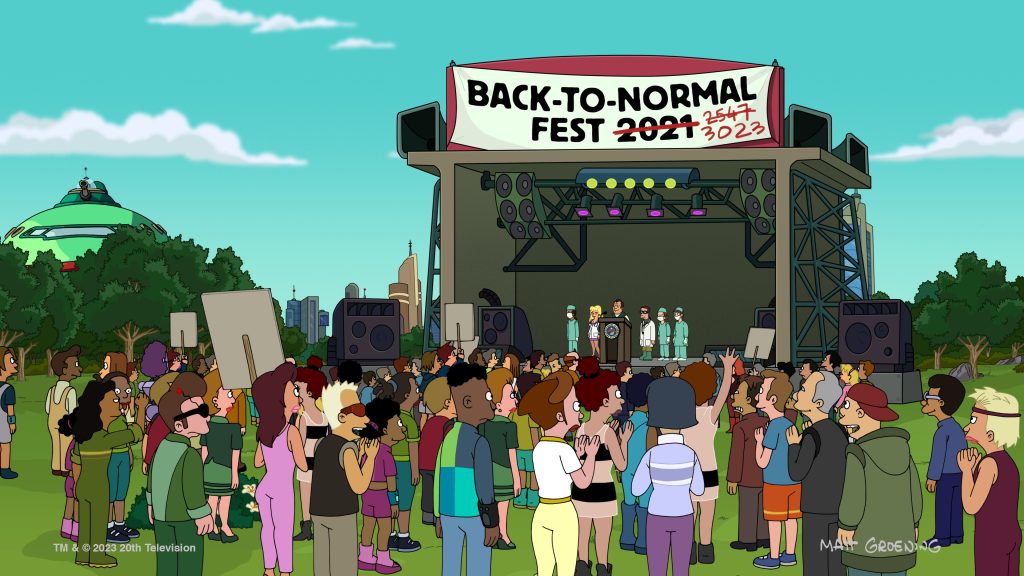 a stage with people watching. Text on the stage banner reads 'Back-to-Normal Fest 2021' with the 2021 scratched out, then the number 2547, which is also scratched out, and the number 3023. 