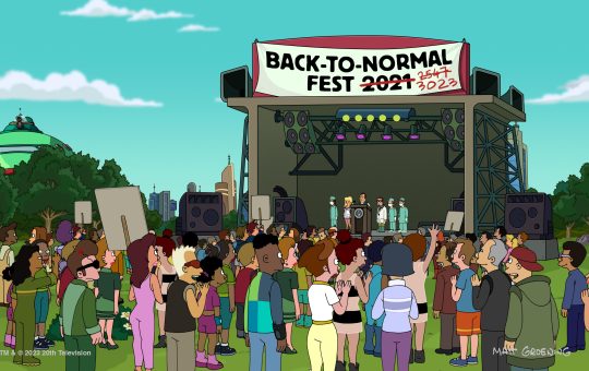a stage with people watching. Text on the stage banner reads 'Back-to-Normal Fest 2021' with the 2021 scratched out, then the number 2547, which is also scratched out, and the number 3023.