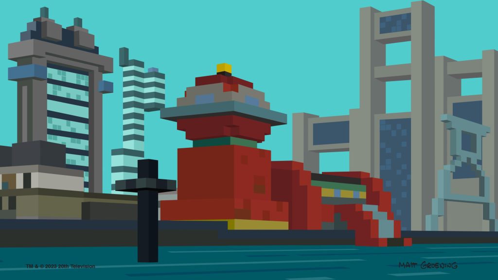 a pixelated version of the Planet Express building. 