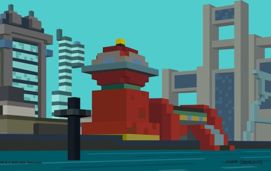 a pixelated version of the Planet Express building.