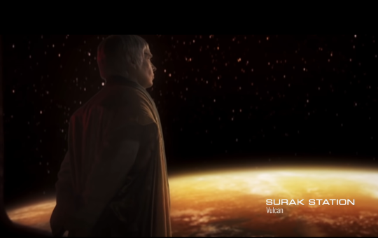 Still from Prelude to Axanar fan film depicting a vulcan ambassador staring out a starship window