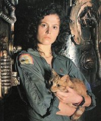 Ripley from the original Alien film holding Jones, an orange cat.