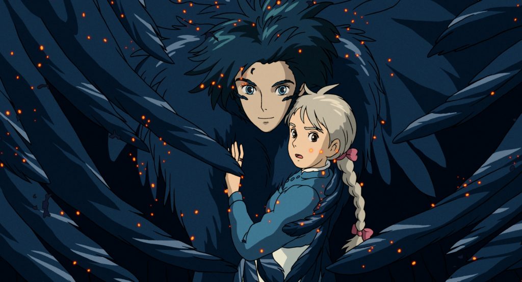 a man covered in black feathers holds onto a young girl with grey hair