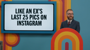Image from DROPOUT's Game Changer where Host Sam Reich asks players to like an ex's Instagram posts