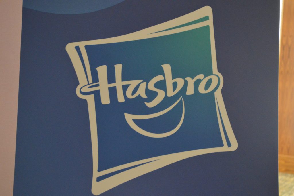 The Hasbro logo on a sign.