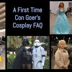 A collage of cosplay photos including a large blue creature and two child cosplays, a casual darth vader and stormtrooper cosplay, crowley and aziraphale, ariel in a blue dress, and an Eleven from Stranger Things cosplay.