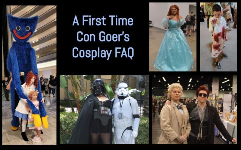 A collage of cosplay photos including a large blue creature and two child cosplays, a casual darth vader and stormtrooper cosplay, crowley and aziraphale, ariel in a blue dress, and an Eleven from Stranger Things cosplay.