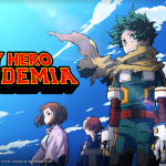 Izuku, Urahara, Todoroki, and Bakugo are grouped together on the right side of the image, set against a blue sky, all looking in the same direction. Izuku is in the foreground, his tattered scarf blowing in the wind.