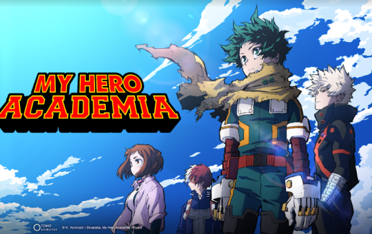 Izuku, Urahara, Todoroki, and Bakugo are grouped together on the right side of the image, set against a blue sky, all looking in the same direction. Izuku is in the foreground, his tattered scarf blowing in the wind.