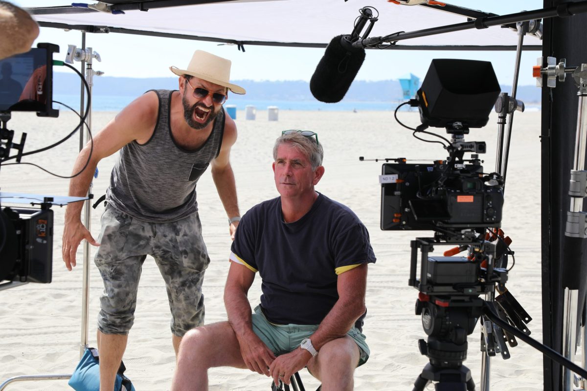 Behind the scenes picture of Phil Garn's interview for Shark Attack 360 at Coronado Beach. (National Geographic/Mariana Kneppers)