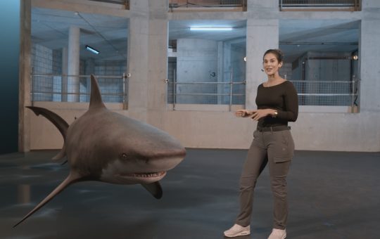 Dr. Diva Amon standing next to a GFX Bull Shark whilst being in the shark studio lab