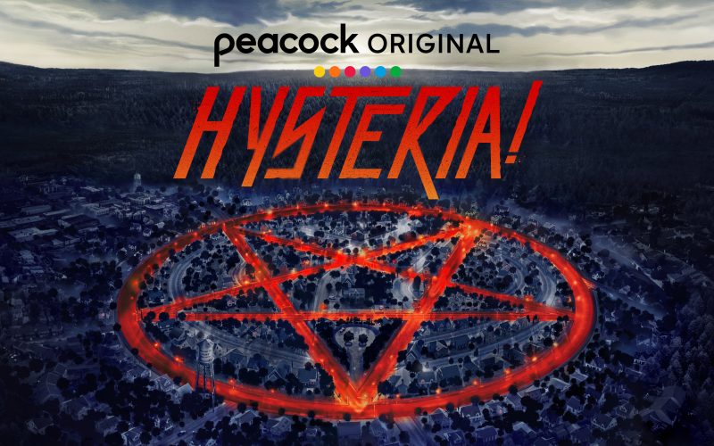 a pentacle in a circle on fire on the ground. Text reads 'Peacock Original: HYSTERIA!'