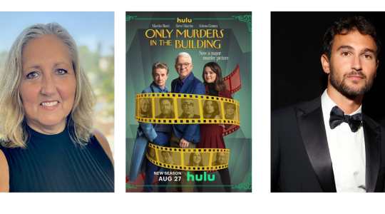 an older woman with blond-white hair and a blue top on the left, a younger man with black hair and wearing a tux on the left, and the poster for 'Only Murders in the Building' in the middle.