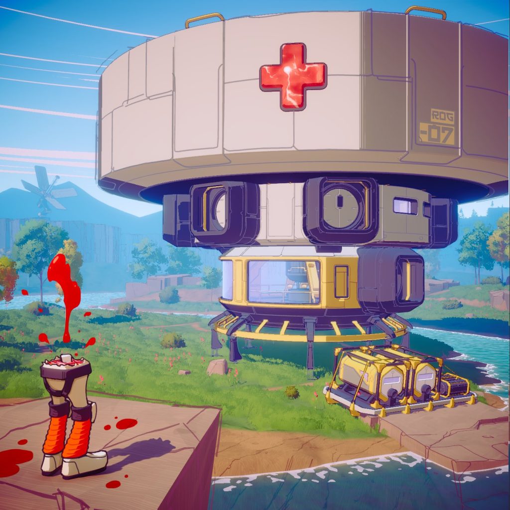 an animated graphic - a futuristic building with the hospital plus sign on it on the right, and a half-person (legs) standing on the left