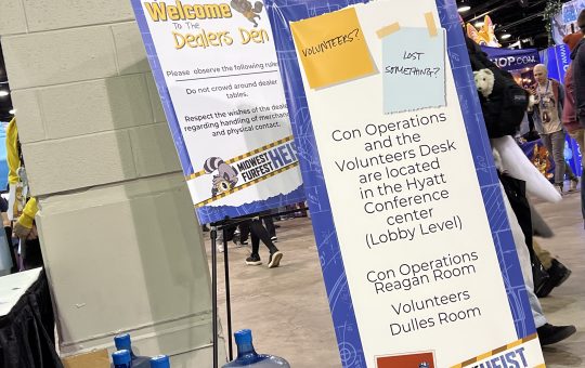 Welcome sign and guidelines for the Dealers' Den at Midwest FurFest 2024.