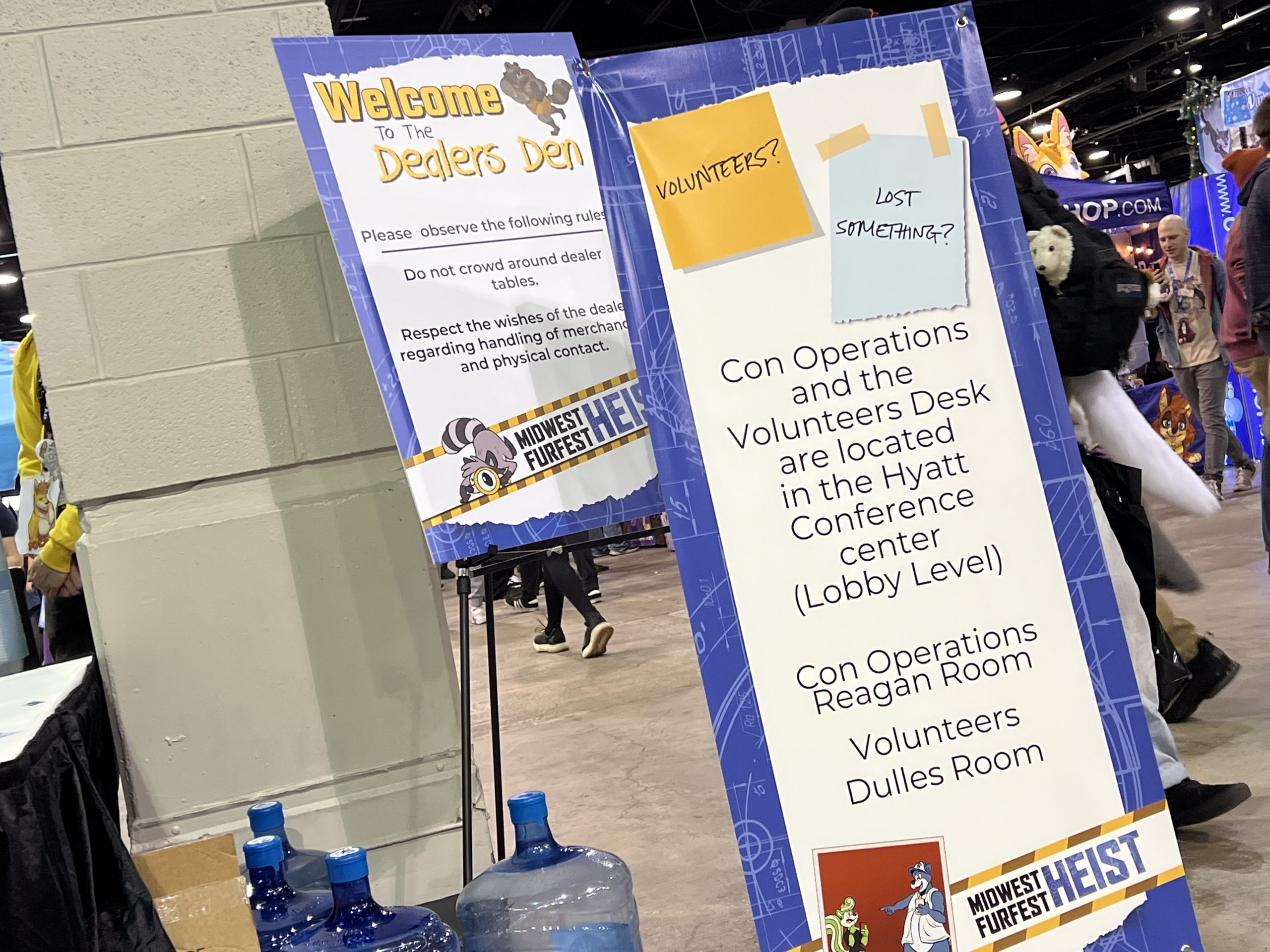 Welcome sign and guidelines for the Dealers' Den at Midwest FurFest 2024. 