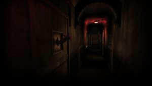 A gloomy asylum hallway, with a hand peeking out a room's window.