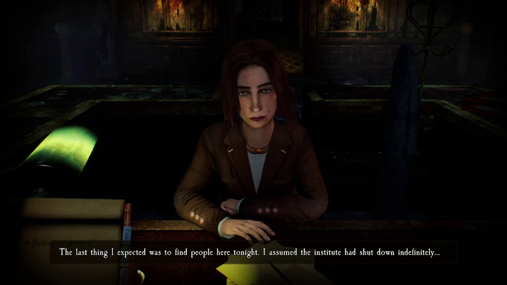 A woman sitting behind a desk, looking at the camera. Surrounding her is a dilapidated mental asylum. Your character says: "The last thing I expected was to find people here tonight... I assumed the institute had shut down indefinitely..."
