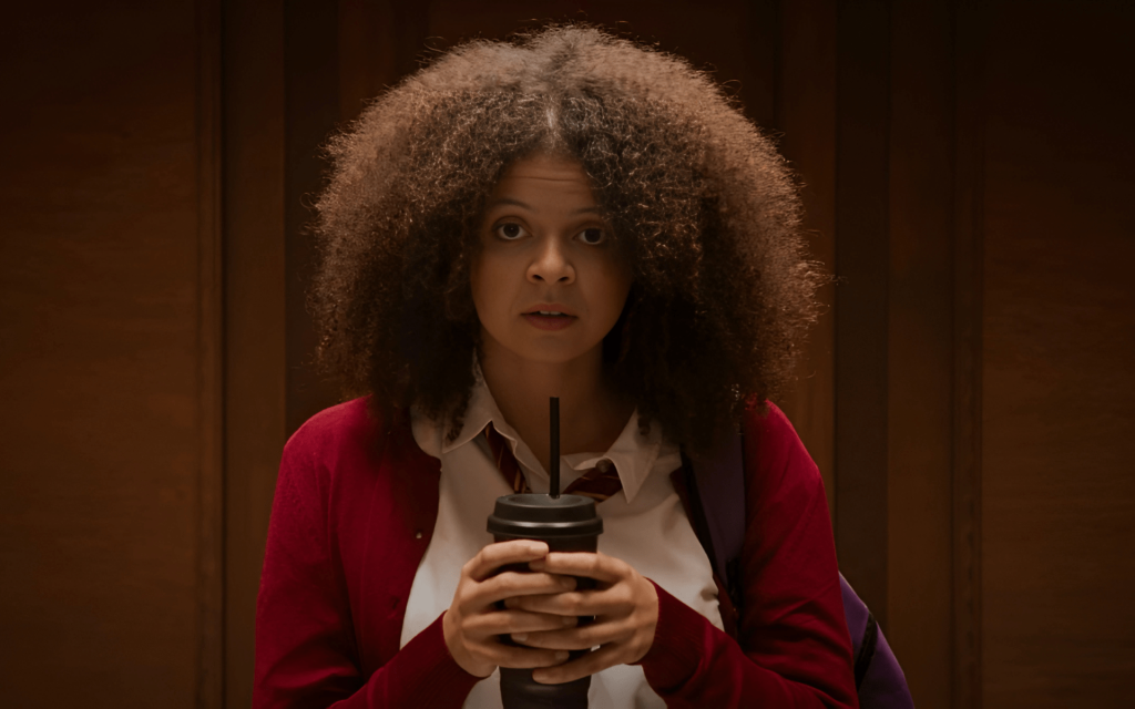 A young black girl, wearing a red sweater over a white shirt, holds a plastic tumbler in her hands.