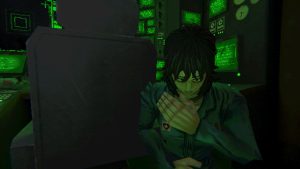 A woman with a medical badge seeming distressed in what seems like the cockpit of a spaceship.