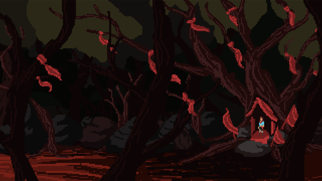 A dark forest with a small altar built on a tree. Pieces of red cloth are everywhere, marking the spot.