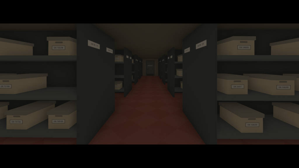 An basement archive with lots of boxes tagged with numbers.