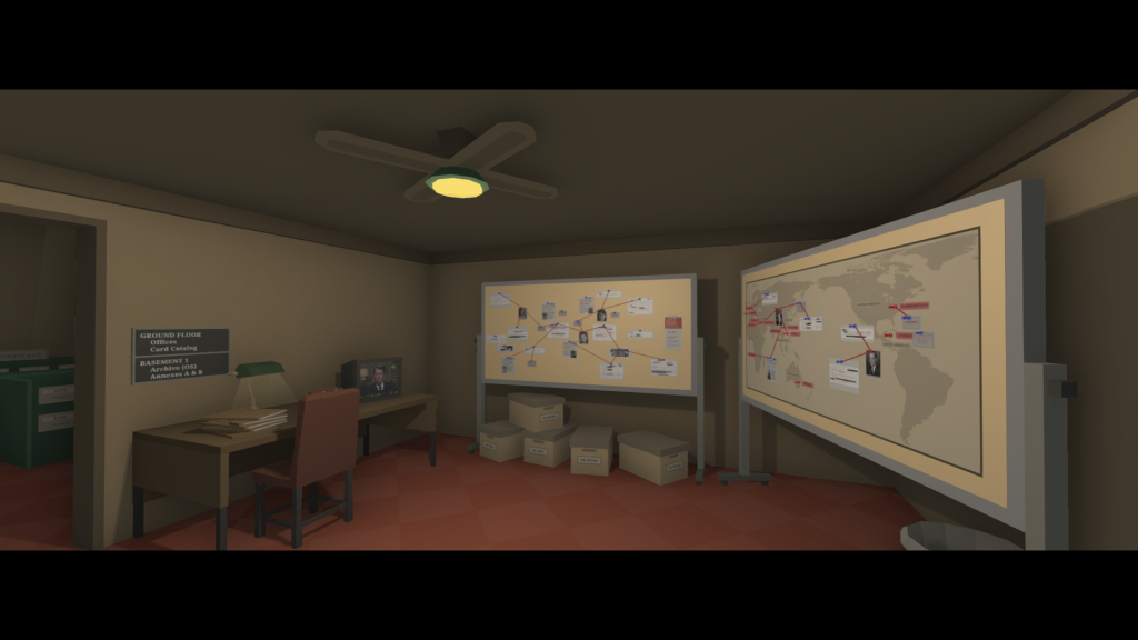 A room with many archival boxes and two big boards full of notes and strings joining them, in classic conspiracy fashion.