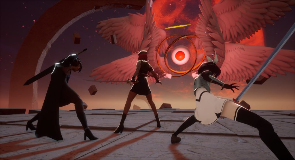 Three magical girls preparing to fight an angelic creature, made of rings and with many wings.