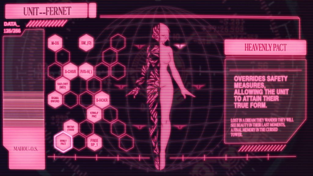An image from a computer interface depicting a magical girl and many slots in which to insert upgrades. A screen says "HEAVENLY PACT: OVERRIDES SAFETY MEASURES, ALLOWING THE UNIT TO ATTAIN THEIR TRUE FORM."