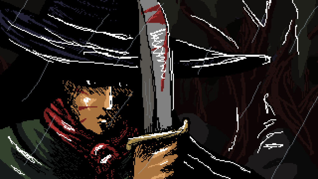 A woman dressed like a gaucho holding a bloody knife close to her face.