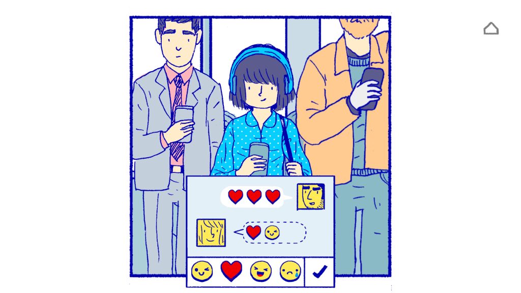 An image from the game Florence. It depicts a girl taking a train or subway, chatting with someone while listening to music. The conversation is fully depicted by emojis.