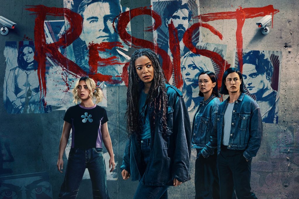 The three main superheroes of Gen V (Emma, Marie, and Jordan in both of their forms) stand in front of a wall with propaganda posters. RESIST is written in large red letters. Image via Amazon Prime Video