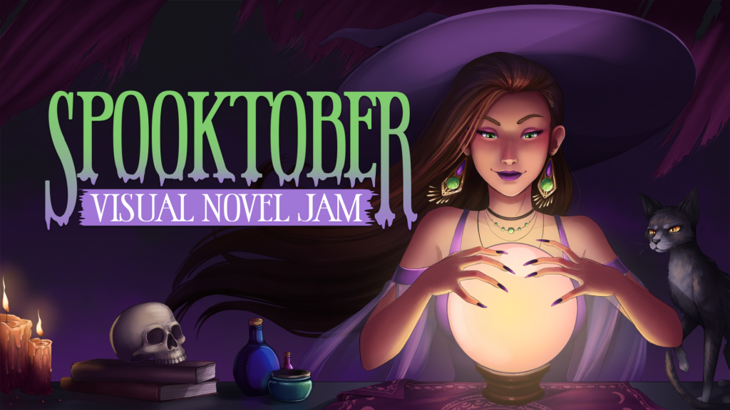 The cover image for Spooktober Visual Novel Jam 2025. It depicts a witch looking into an orb. She's dressed in purple, with a dress and a big hat. There's a cat and a skull besides her.