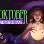 The cover image for Spooktober Visual Novel Jam 2025. It depicts a witch looking into an orb. She's dressed in purple, with a dress and a big hat. There's a cat and a skull besides her.