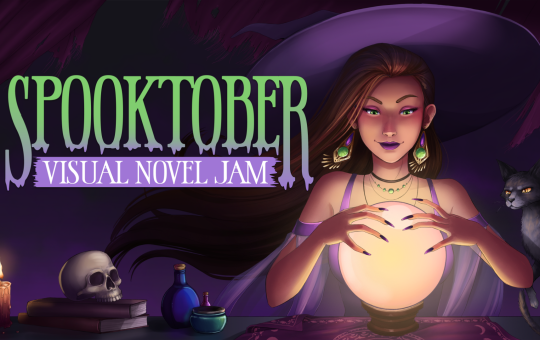 The cover image for Spooktober Visual Novel Jam 2025. It depicts a witch looking into an orb. She's dressed in purple, with a dress and a big hat. There's a cat and a skull besides her.