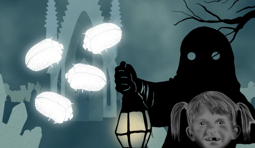 An image from the game Necromance. It depicts a person holding a lantern with the face of a child by their side, while insects made of light float over the screen.