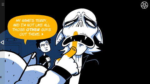 An image from the game "Oh, Terry", depicting a man's hand, covered in cheeto dust, leaving a trace in the face of a monster. The man is saying: "My name's Terry, and I'm not like all those other guys out here."