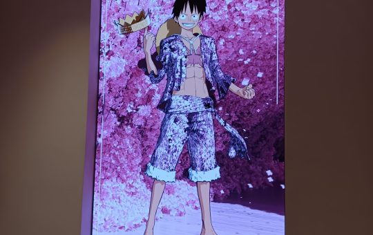 The One Piece immersive exhibit key art, which is at the entrance to the exhibit. Luffy stands proudly in a cave where the walls are made of sakura blossoms. His outfit matches the walls - pink and patterned like cherry blossoms. He is twirling a crown on his finger.