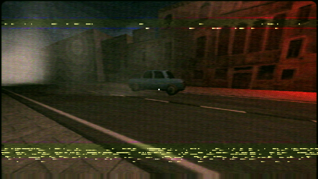 A low-poly recreation of a city stret. You're waiting for the bus, there's a lot of fog and there's a car parked on the other side of the road. There's a very prominent VHS filter too.